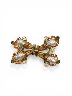 Filigree Bow Brooch Green Uranium Glass Crystal Faux Pearl Gold Tone 1960s